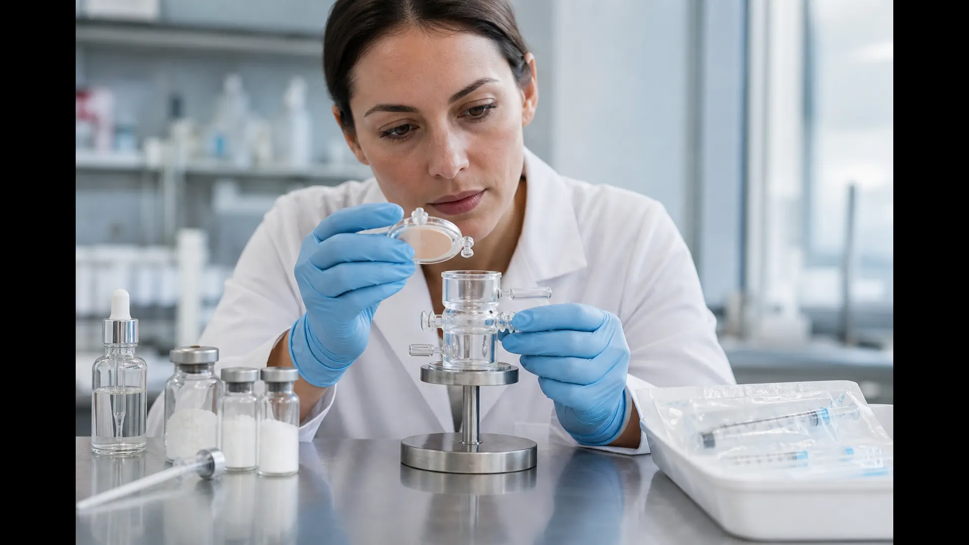 Cosmetic R&D bench with peptide serum droppers and a Franz-style diffusion cell, kept visually separate from unused injection equipment