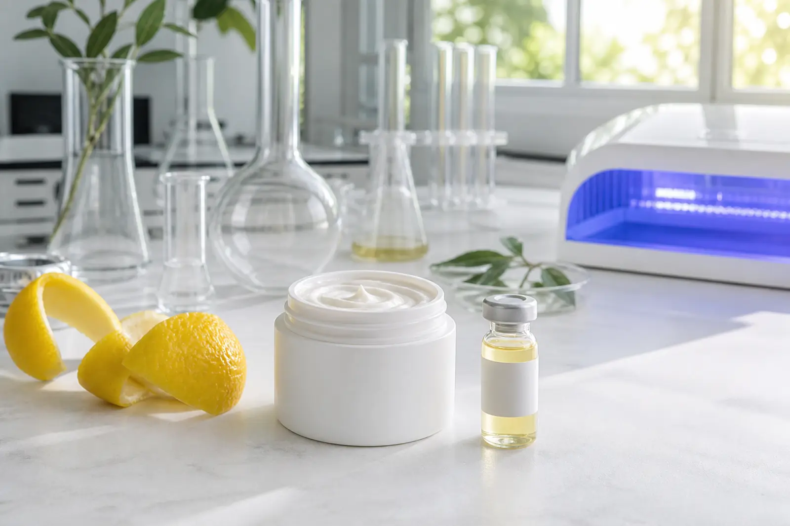 Daylit lab bench with citrus peel, a small essential-oil vial, a cream jar, and a UV-style lamp kept to the side, no readable text
