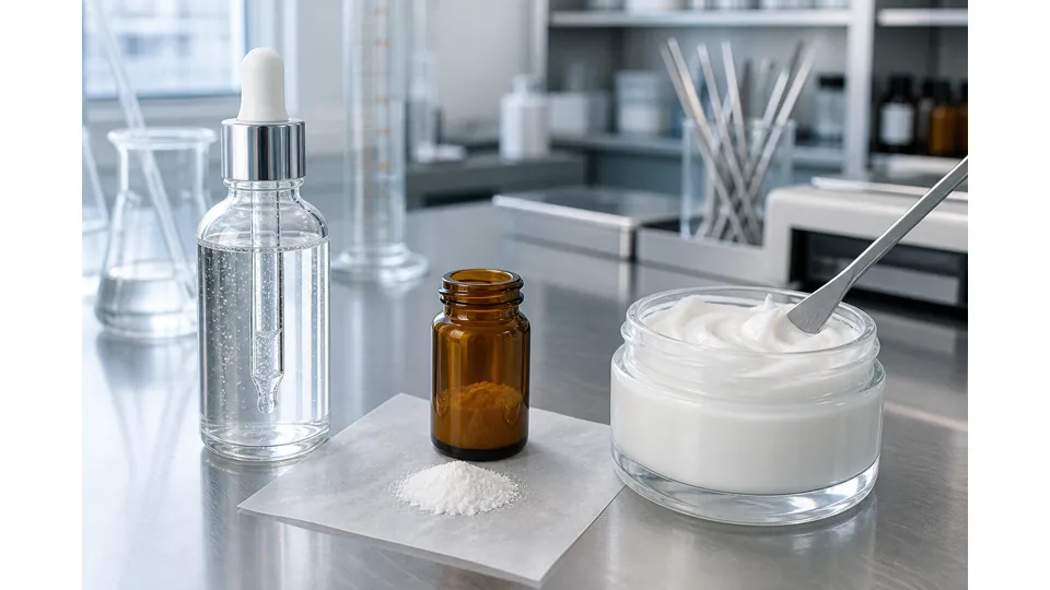 Split steel bench with a clear serum dropper on the left, a jar of white cream and spatula on the right, and peptide powder on weighing paper in the centre