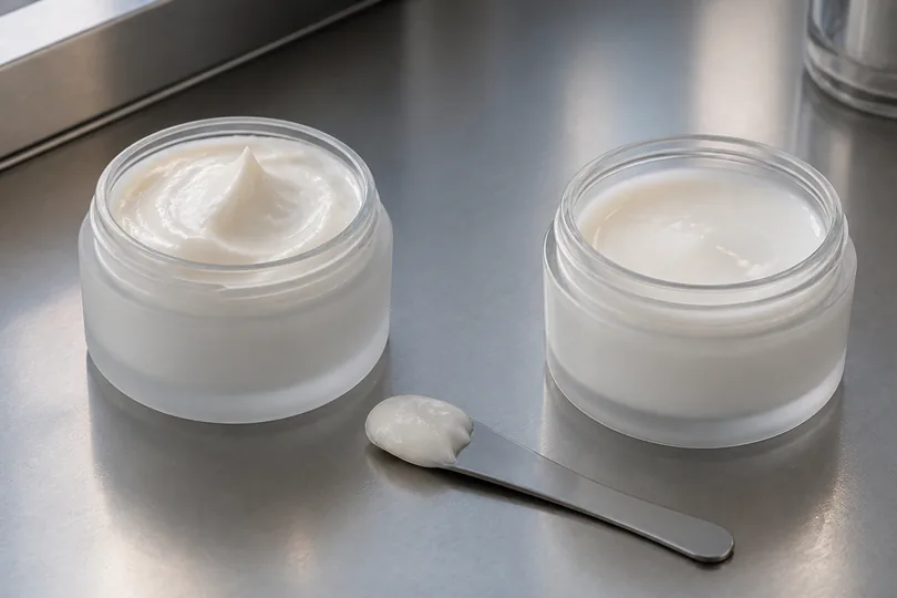 Two unlabeled open cream jars on steel: a pearly waxy cream and a lighter fluid lotion with a spatula swipe between them