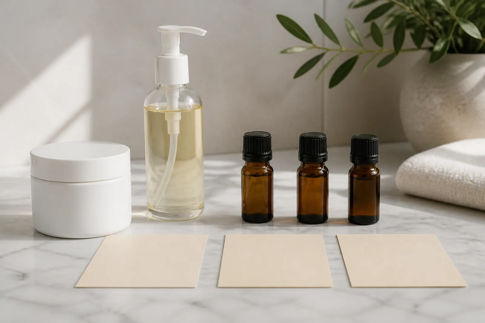 Face-cream jar and a rinse-off pump beside three small amber EO vials and blank category cards, no readable text
