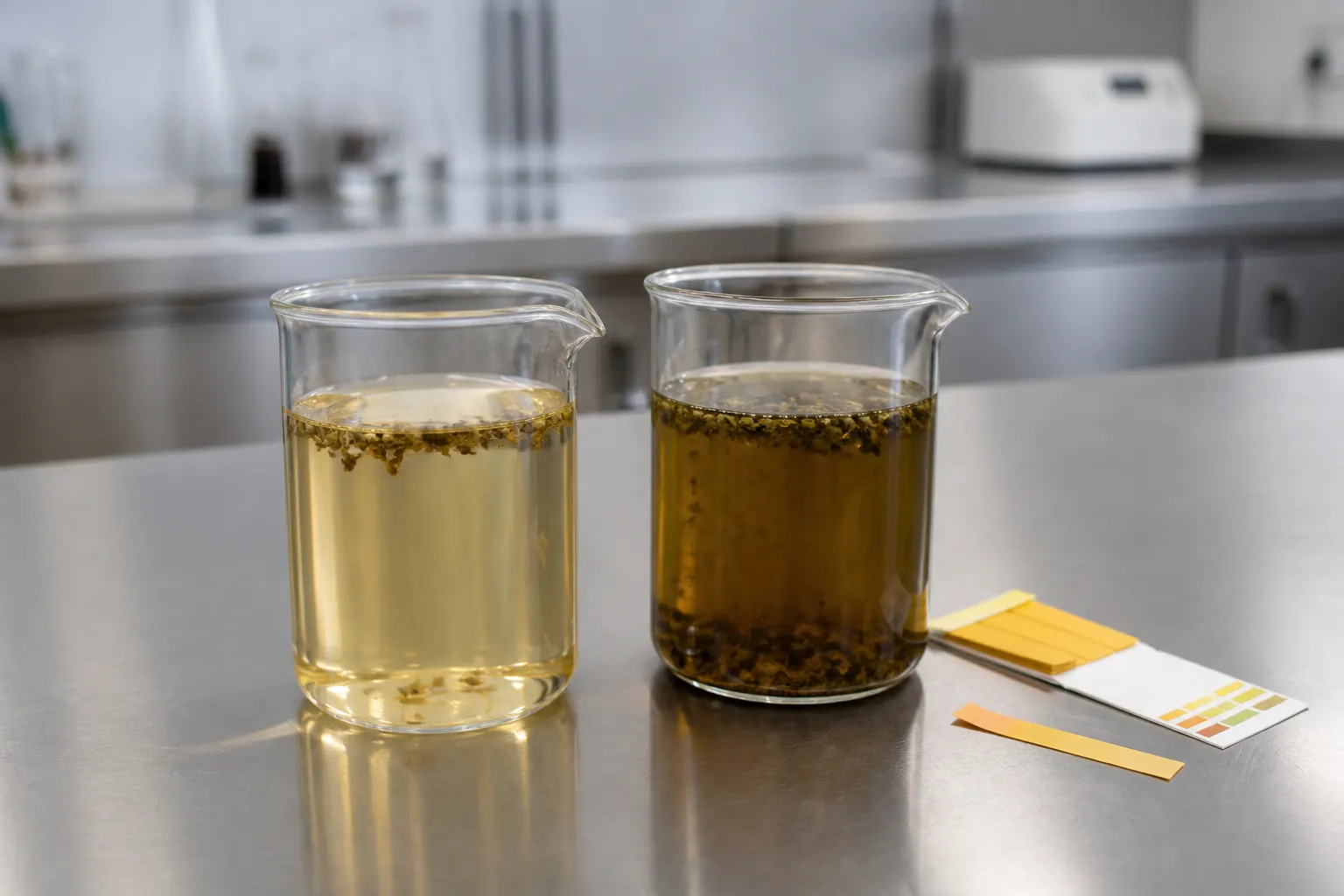 Two extract waters on a steel bench, one pale and one week-darkened, pH strip and closed jar, no readable brands
