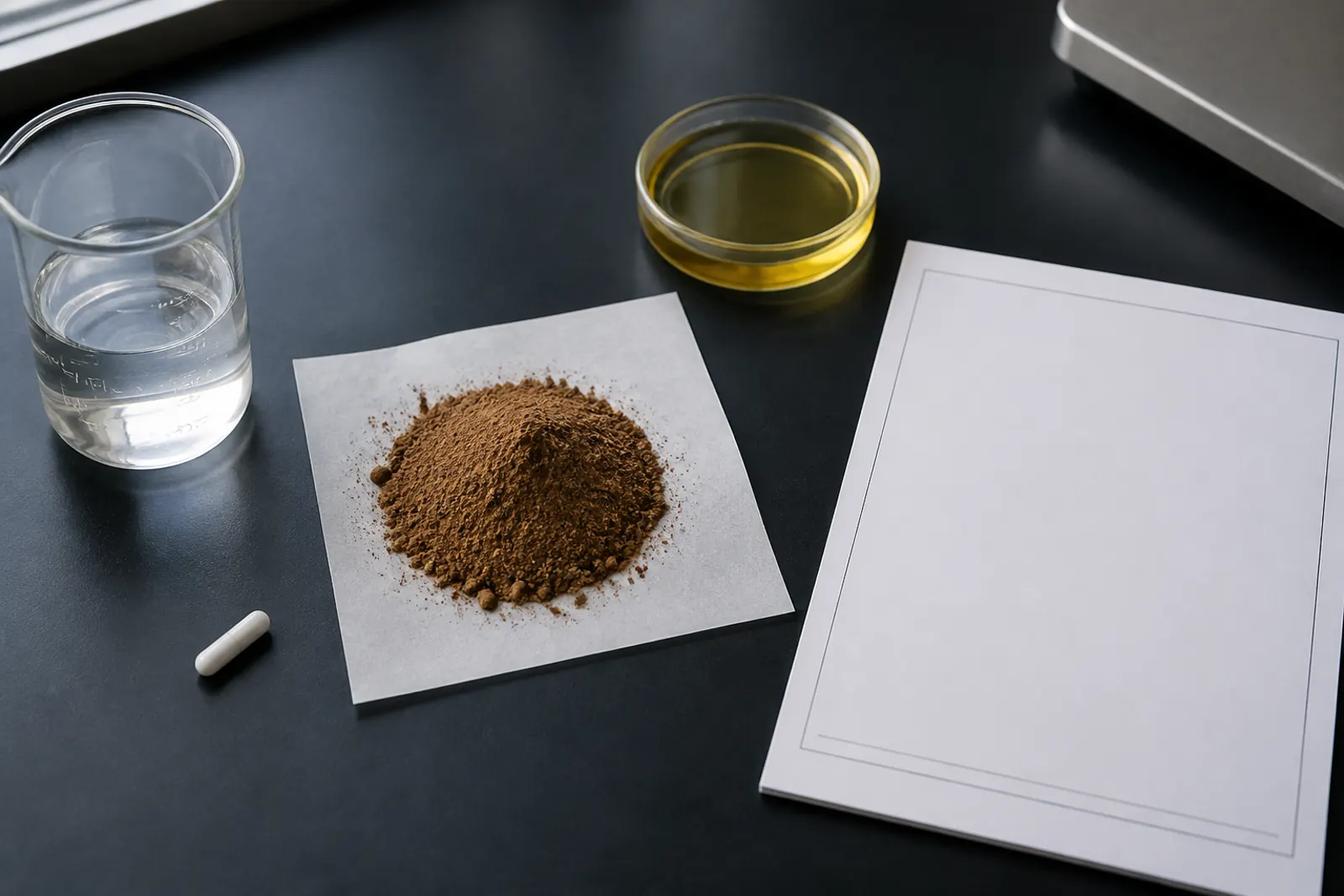 Brown extract powder between a water beaker and an oil dish, blank specification sheet, stir bar, no readable brands