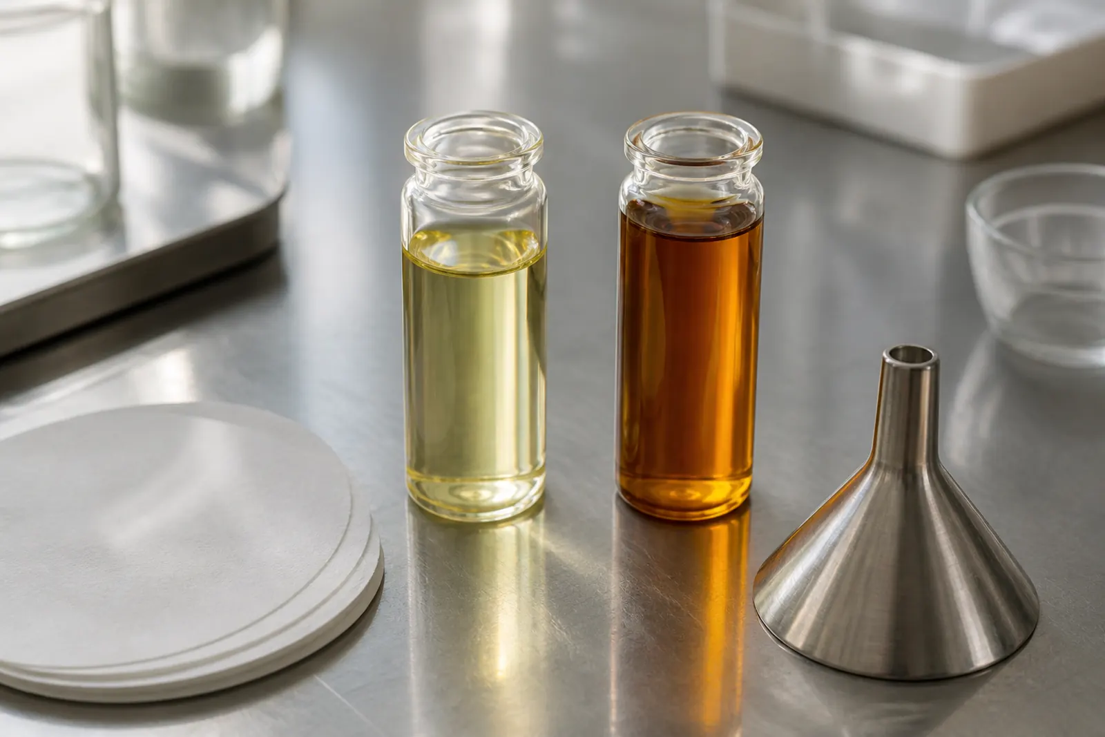 Pale refined oil in a clear vial beside a darker unrefined oil, filter papers and a steel funnel, no readable brands
