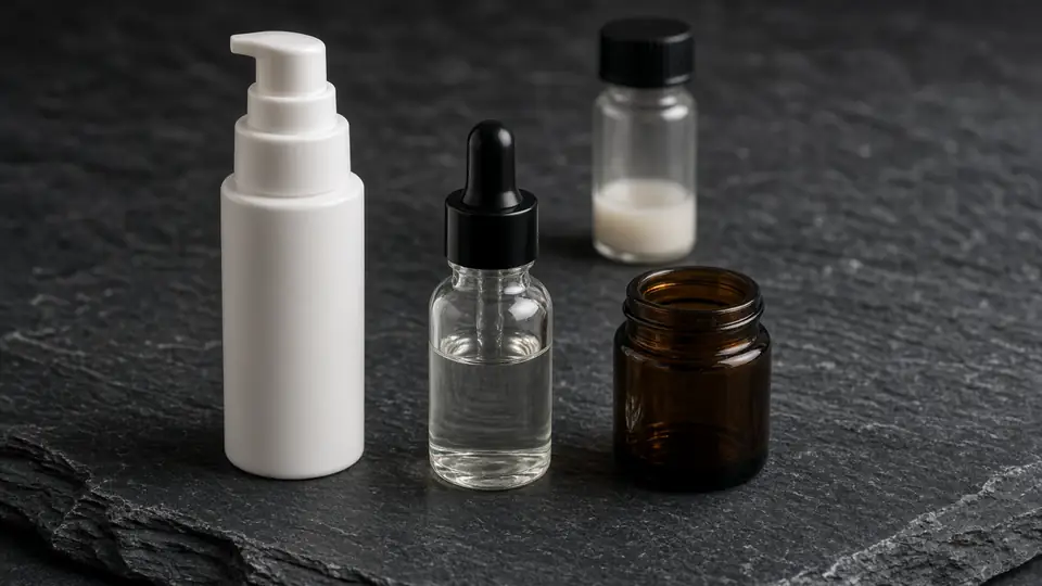 Airless pump, glass dropper and amber jar in a row on dark slate with a closed retain vial behind them
