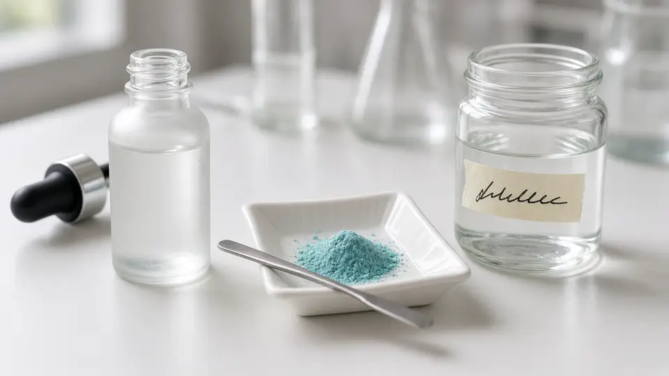 Open frosted serum dropper beside a dish of turquoise powder and a closed retain jar on a white bench