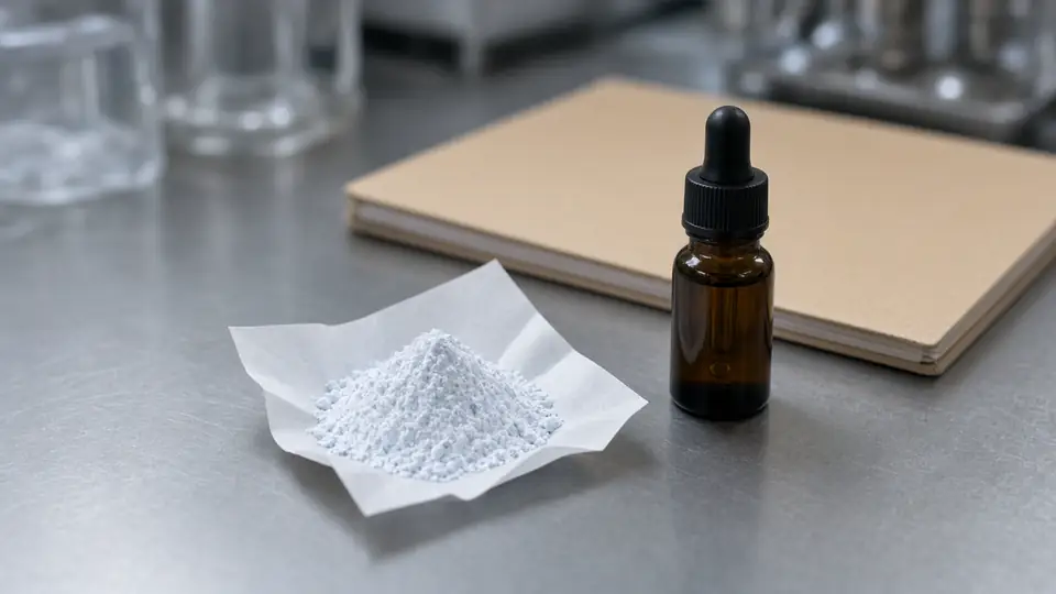 Pale-blue peptide powder on weigh paper beside a closed amber concentrate dropper and a closed specification folder on stainless steel