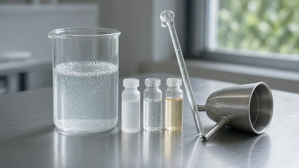Three small cream jars, a dropper bottle, a beaker of pale cream and a glass rod on a steel bench