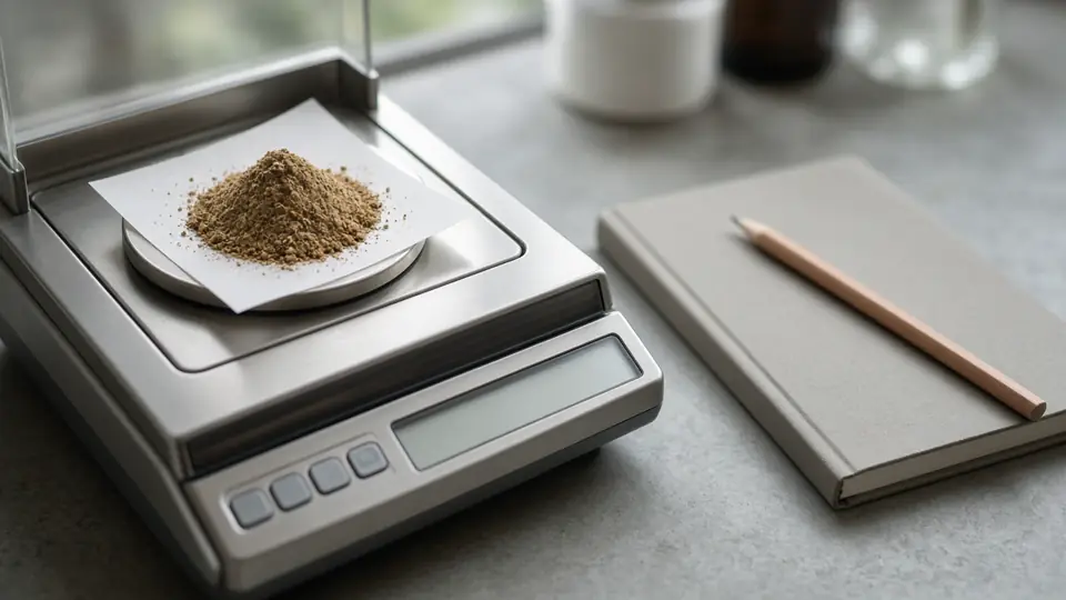 Stainless balance with tan-brown dry extract on weighing paper beside a closed notebook and pencil
