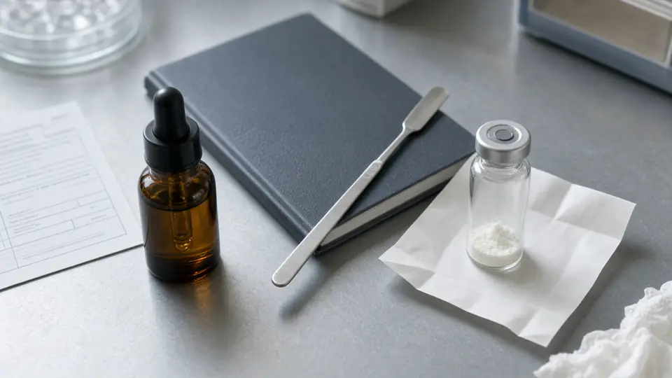 Amber dropper bottle beside a small freeze-dried glass crimp vial on steel with a closed notebook