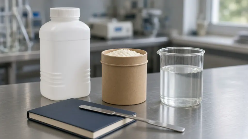 White preservative bottle, kraft jar of off-white powder, and a beaker of clear gel on stainless steel with a spatula
