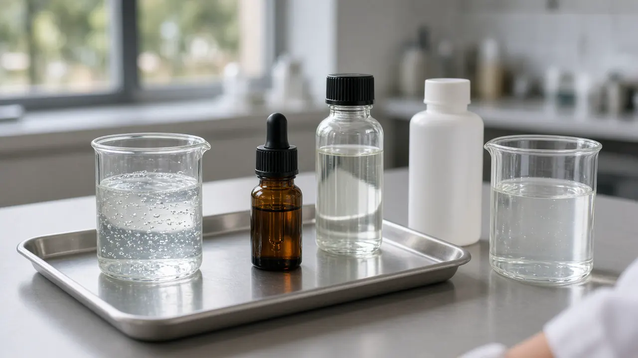 Steel tray with a bubbly gel beaker, amber dropper, clear oil bottle, white plastic bottle, and a second water beaker on a lab bench