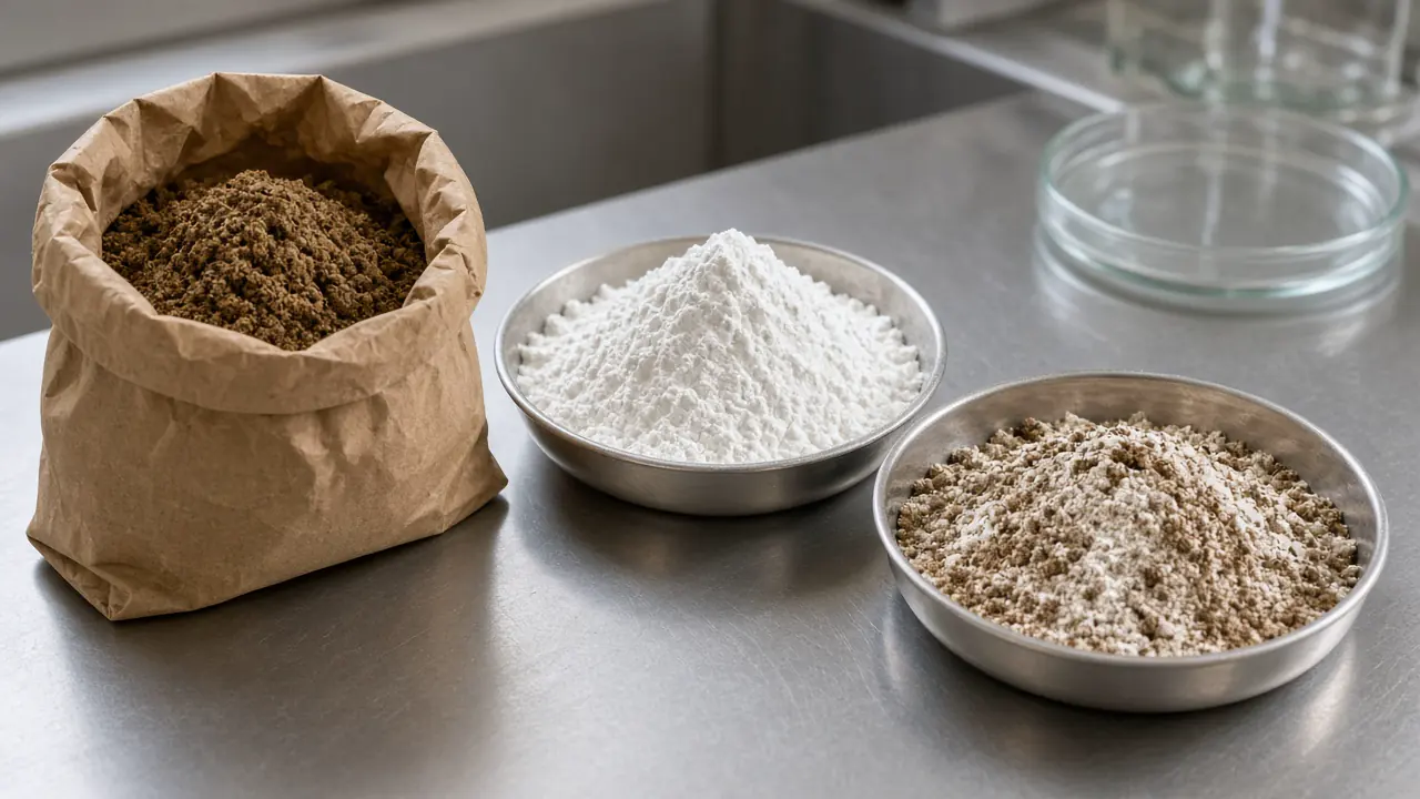 Open kraft bag of brown powder beside a bowl of white powder, a bowl of beige powder, and an empty glass dish on steel