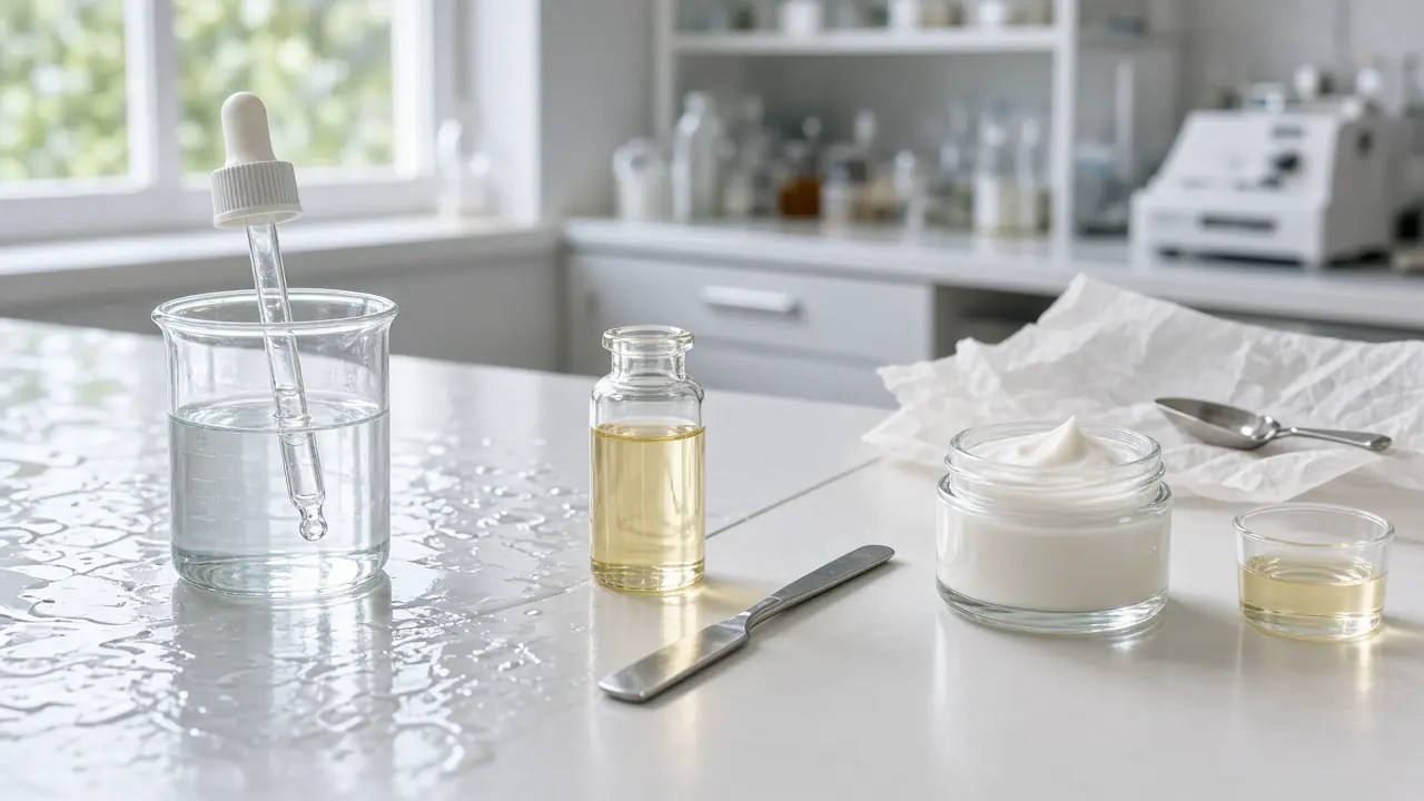Water beaker with a white pipette, a yellow oil vial, an open cream jar, a spatula, and a tiny oil cup on a wet white bench