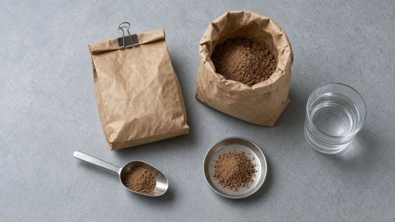 Kraft bags of brown powder, a binder clip, a scoop, a weigh pan, and a glass of water on a lab bench