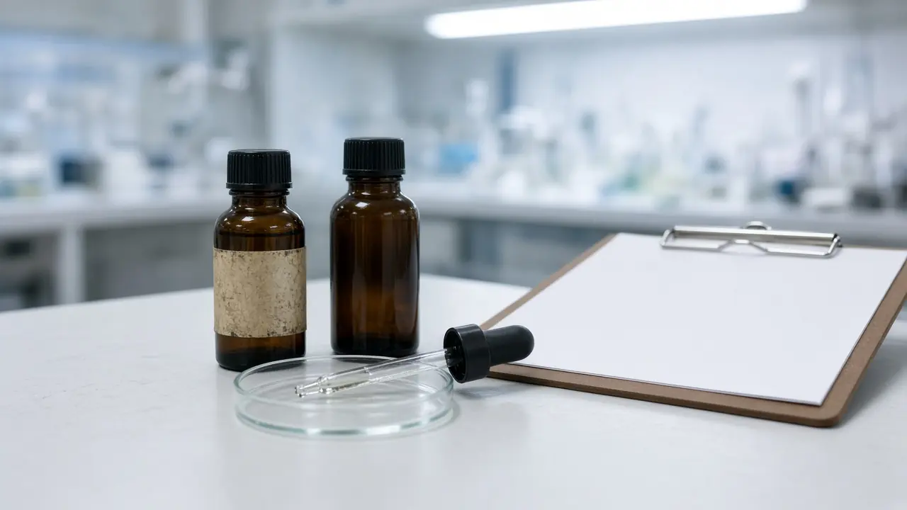 White bench with two amber bottles — one labelled, one blank — a dropper on a watch glass, and a clipboard