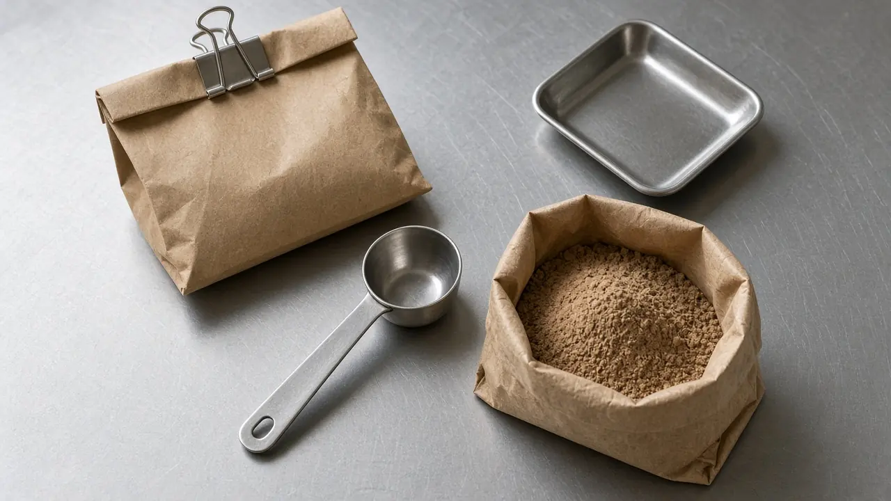 Steel bench with two kraft bags of different brown powders, a clip on one bag, a single metal scoop between them, and a weigh pan