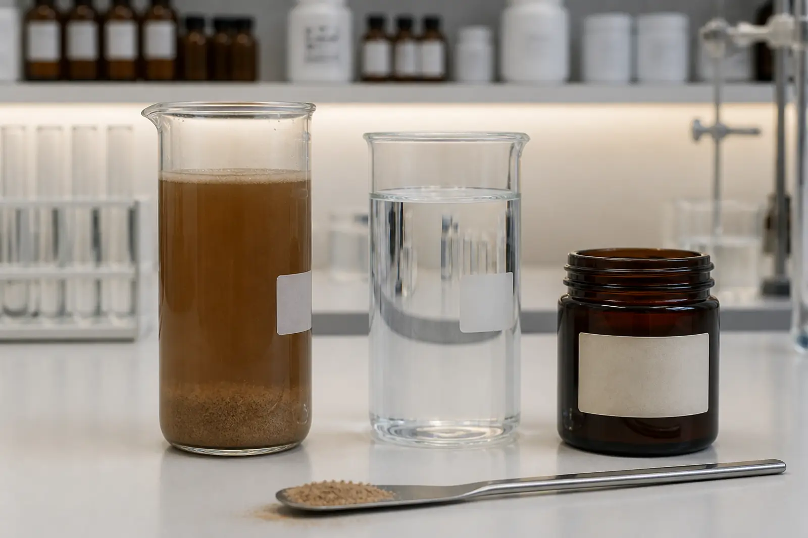 Hyaluronic acid hydration test in clear laboratory beakers
